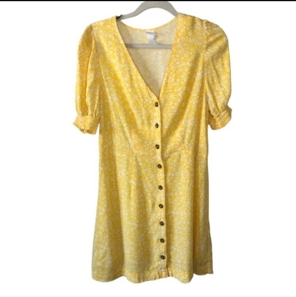 H&M Yellow White Floral Print Short Sleeve Dress Women's Large L Button Up EUV - Picture 1 of 5